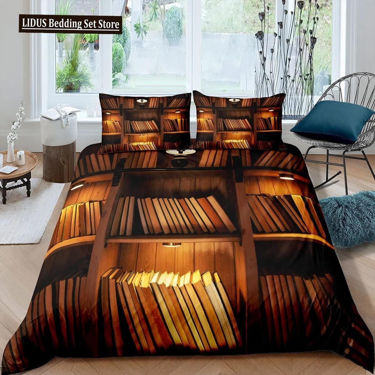 Books Lovers Gift Duvet Cover Set Full Size,Readers And Literary Lover Bedding Sets,Vintage Librarians Bookshelf Comforter Cover AU Double 180x210cm