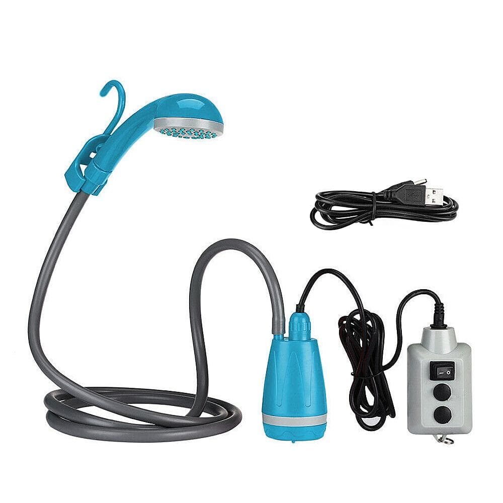 Portable Camping Shower Outdoor Camping Shower Pump Rechargeable Shower Head for Camping Hiking Traveling Shower blue
