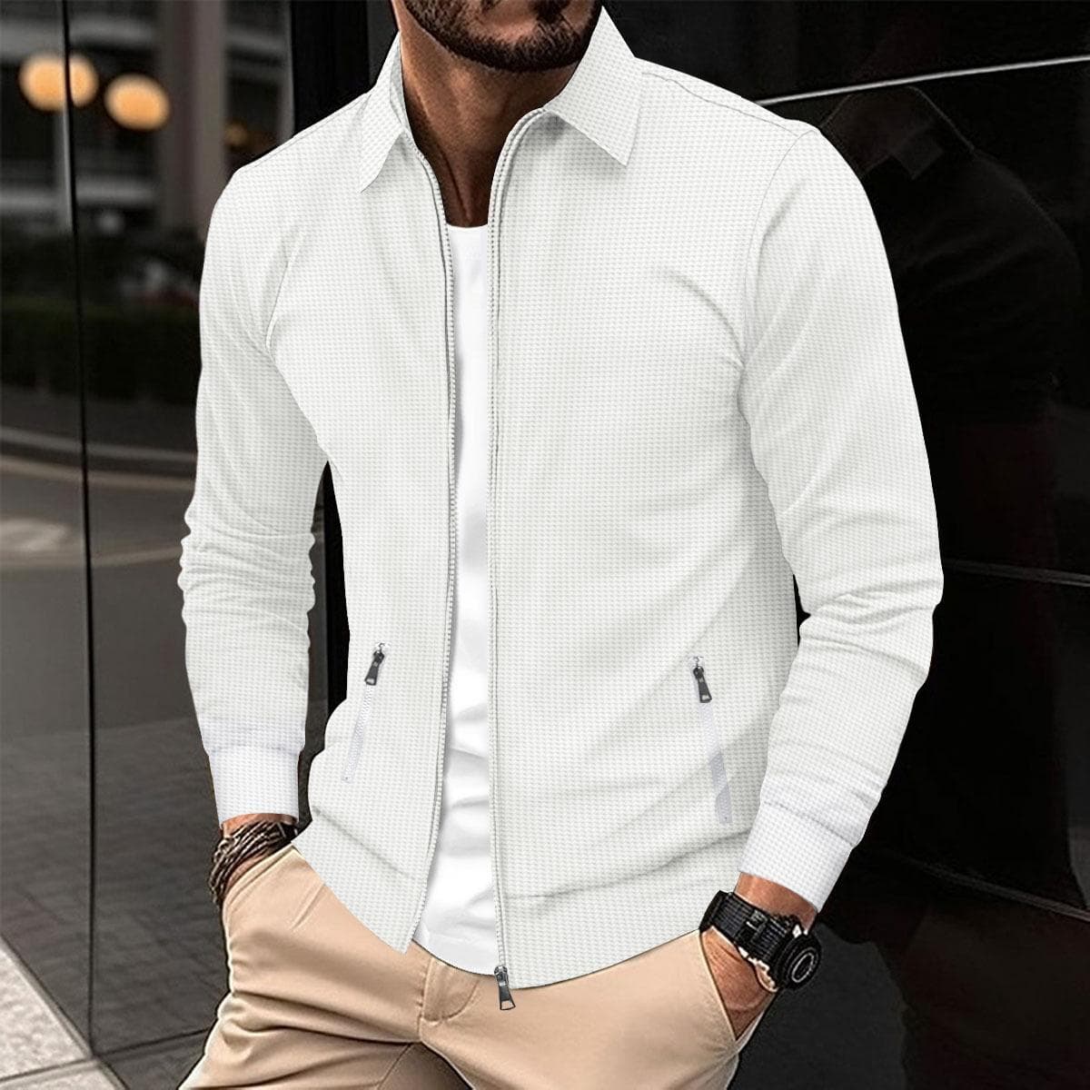 Jacket Men's Spring and Autumn Youth Waffle Zipper Pocket Lapel Slim Cardigan Men's Jacket Outer S