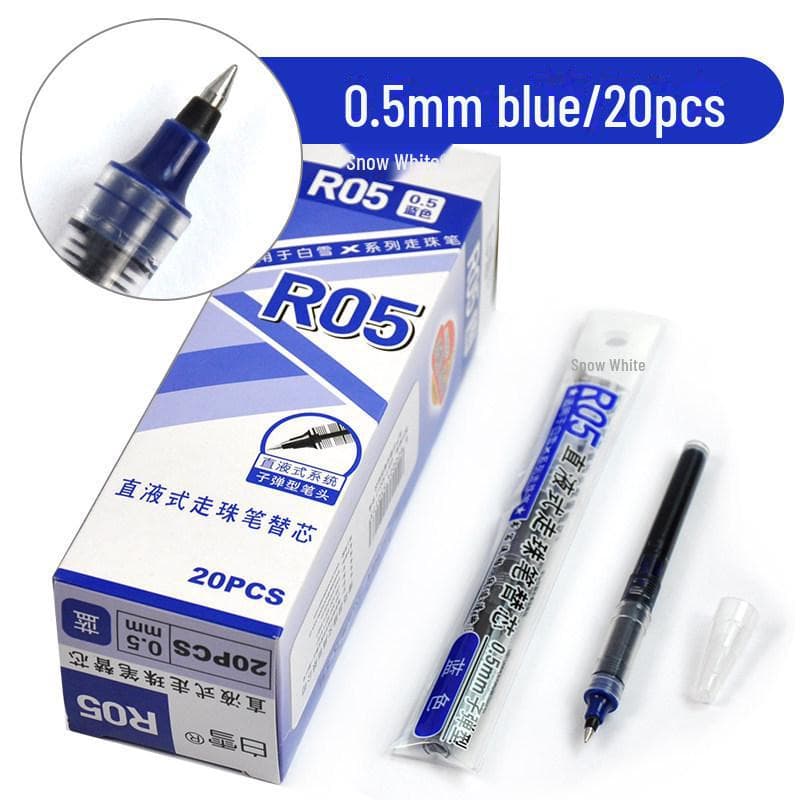 Snow White Quick-Dry 0.38mm Liquid Ballpoint Pen, Refillable, Large-Capacity for Office & Study 0.5mm Bullet Refill, R05 blue