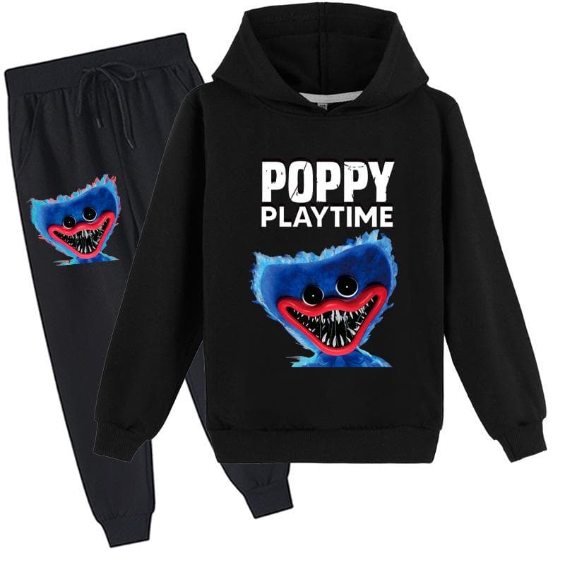 Kids 3D hoodie set Huggy Wuggy pullover tracksuit Poppy Playtime Children Sweater+ Pants 140cm black