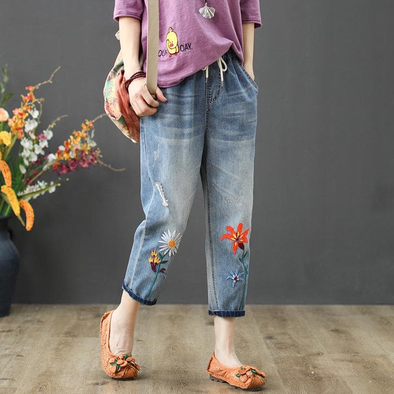 Fashion Summer Ladies Ripped Loose Jeans Womens Leisure Embroidery Denim Trousers Vintage Females Elastic Harem Pants S