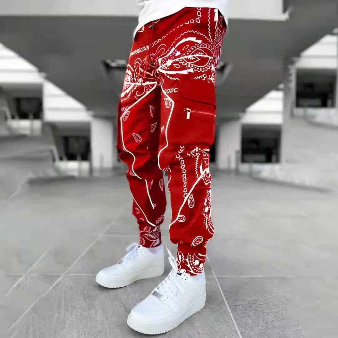 Men Printing Hip Hop Pants Men Cargo Pants Trousers Fashion Streetwear Sweatpants for Men Joggers High Street Loose Trousers XL red