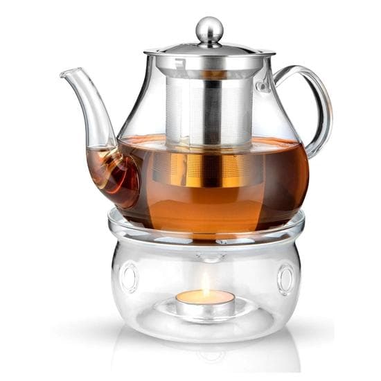 Octavius Borosilicate Glass Teapot/Kettle with Heat Resistant Removable Stainless Steel Infuser and Warmer | 2 Tea Light Candles - 800 ml