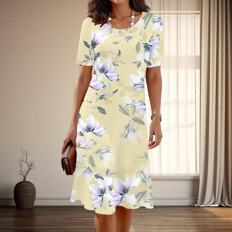 Women's Fashion Graceful Flower Print Summer Spring Short Sleeve O-Neck Casual Dresses M yellow