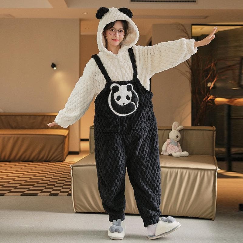 Thickened Flannel Pajamas Women's Autumn and Winter Home Wear Sweet Cute Long Hooded Nightwear Warm Loose Fit Casual Sleepwear 2XL black