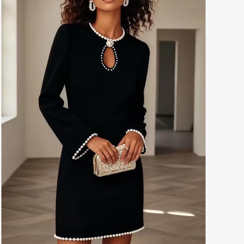 Elegant Solid Color Slim Fit Dress with Hollow Neckline & Pearl Detail - Long Sleeve Short Skirt for Spring & Autumn. 2XL black
