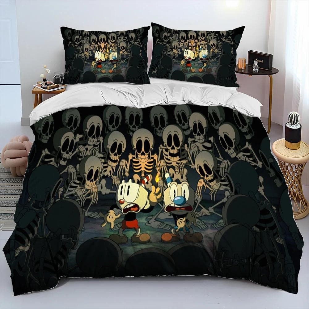 Cuphead and Mugman,Game Gamer Comforter Bedding Set,Duvet Cover Bed Set Quilt Cover Pillowcase,King Queen Size Bedding Set Boys 140x200cm 3pcs