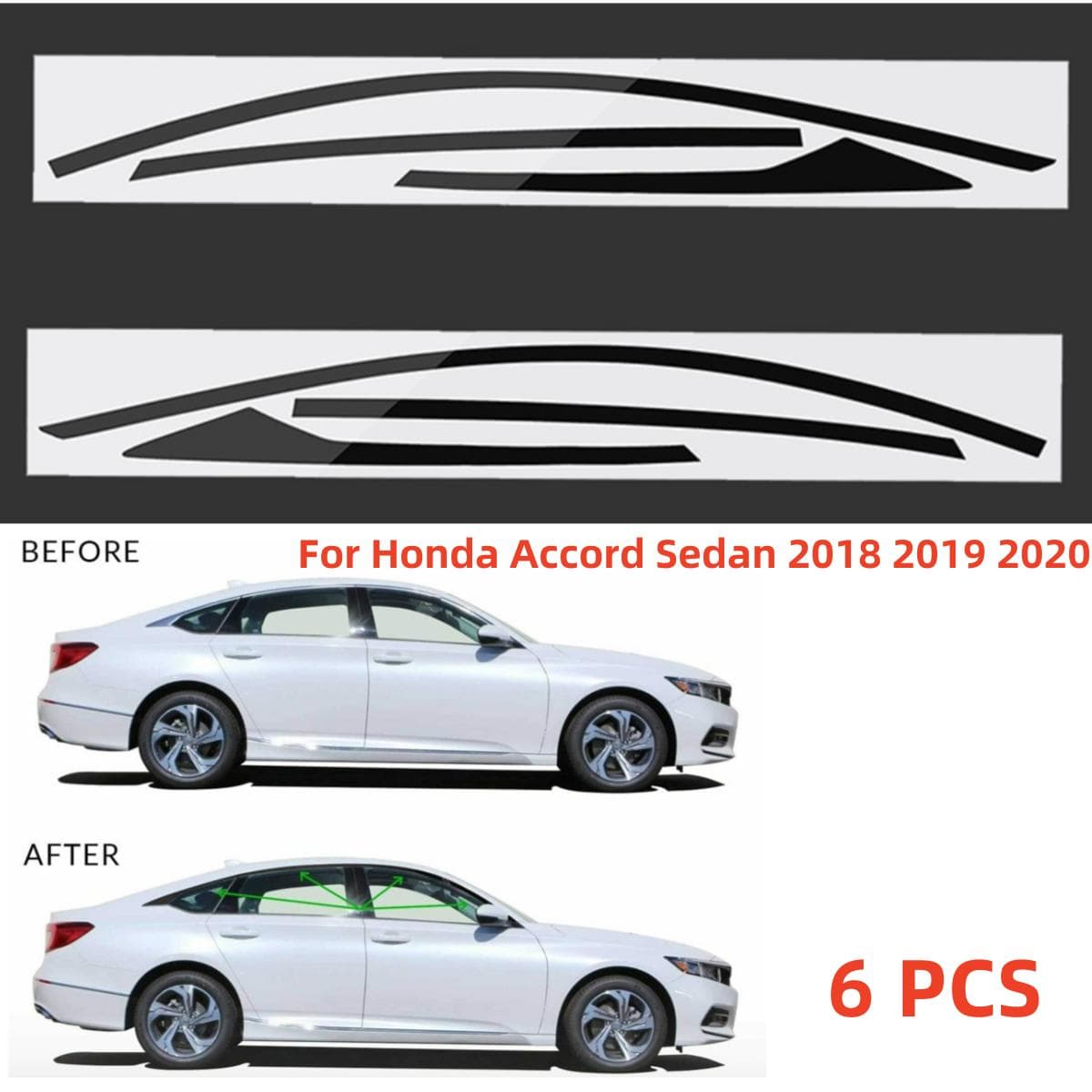 6Pcs Chrome Delete Blackout Window Trims For Honda Accord 2018-2020 Glossy Black