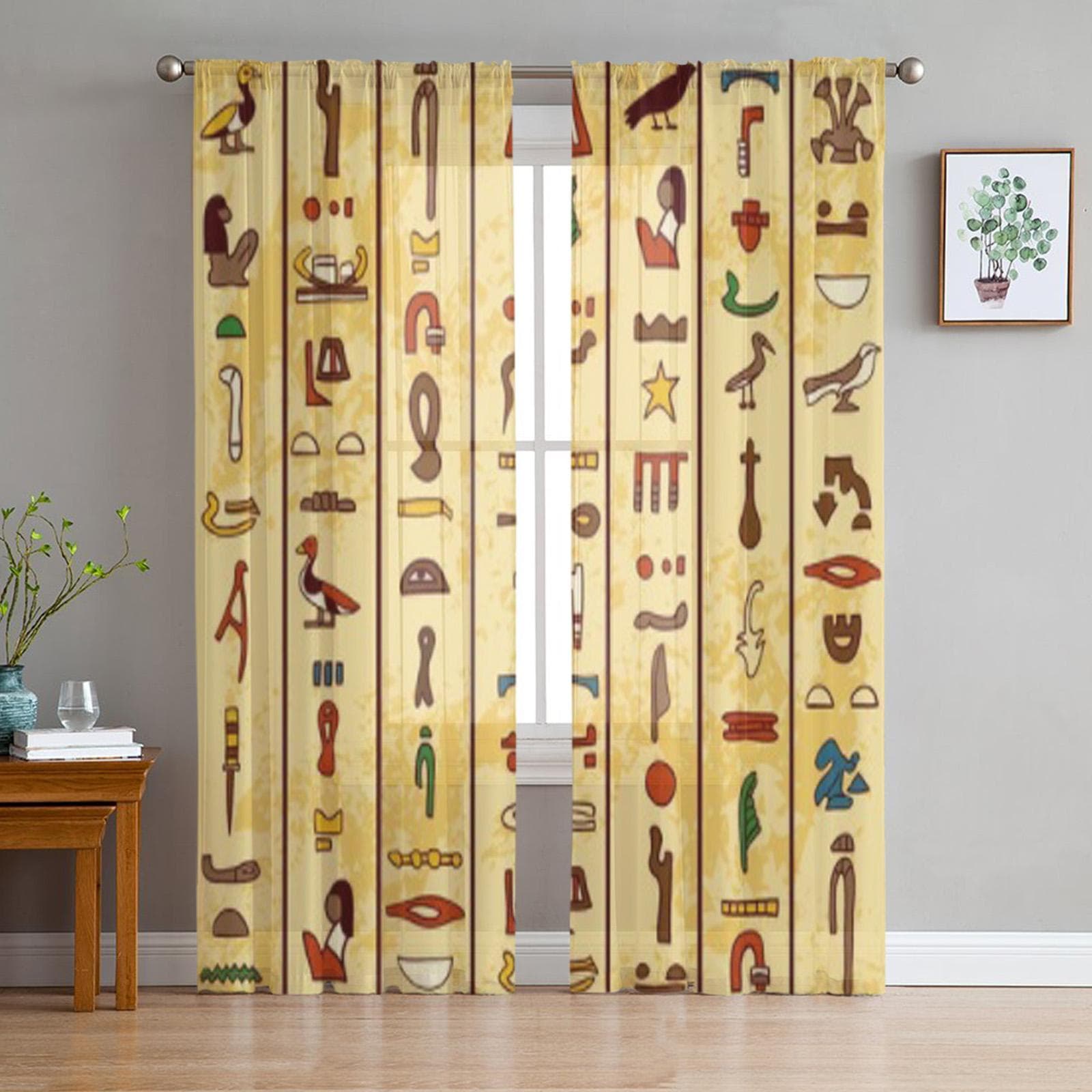 Ancient Egyptian Hieroglyphics On Papyrus Old Paper Chiffon Sheer Curtains Living Room Bedroom Window Voiles Tulle Curtain 135W x 114H(cm)