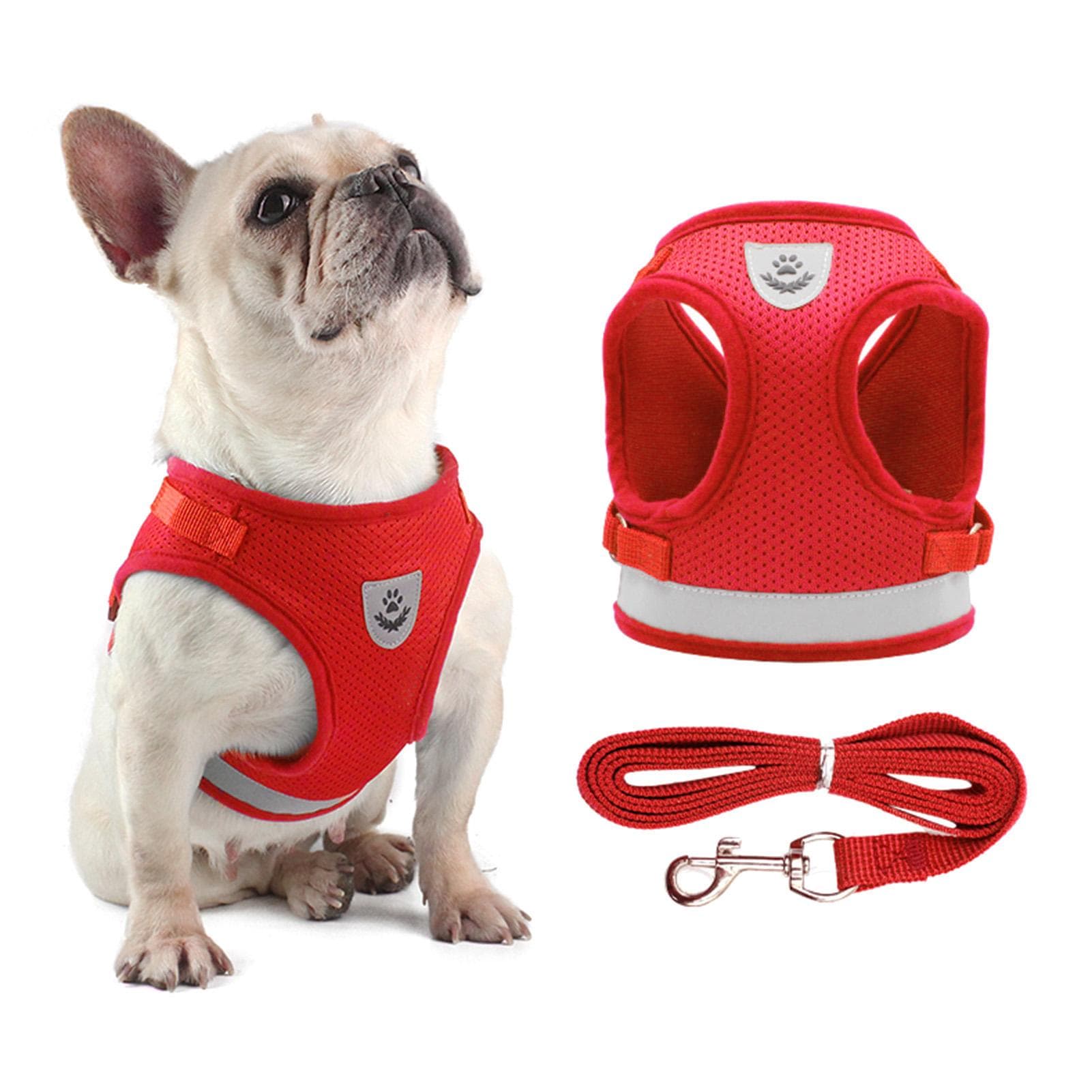 Dog Harness and Leash Set Reflective Adjustable Mesh Vest for Small Dogs Puppy Cats Medium red