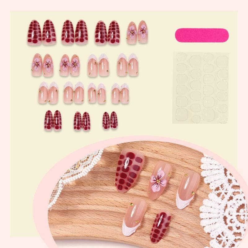30pcs Almond-Shaped 3D Fake Nails, Floral Nail Art Design Press On Nails, Steel Ball Decor Acrylic Nail Kit, French Manicure For Women Nail Supplies