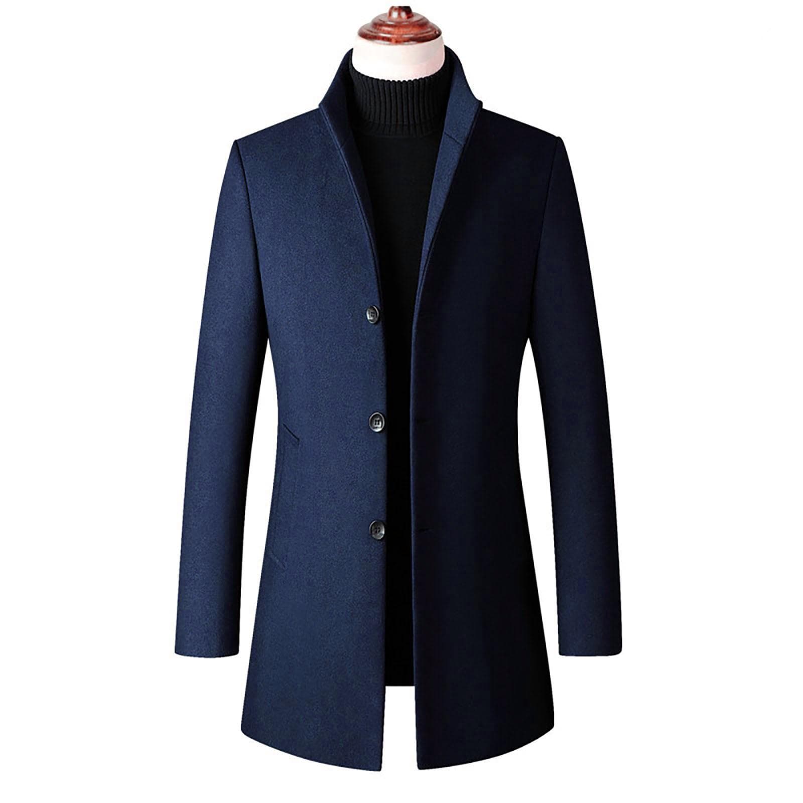 Men Mid Length Slim Fit Woolen Coat With Stand Collar Solid Color Woolen Coat M blue