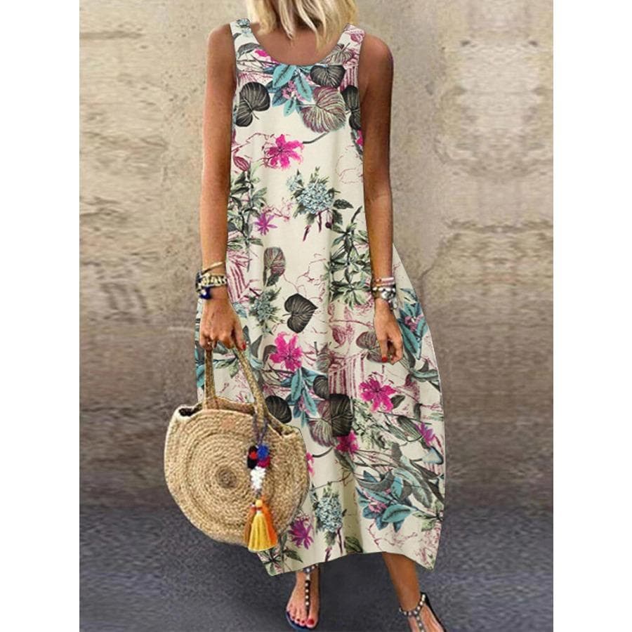 Women Retro Cotton Linen Floral Printed Vest Dress Vintage Casual Summer Sundress O Neck Sleeveless Oversized Maxi Long Dresses M pink
