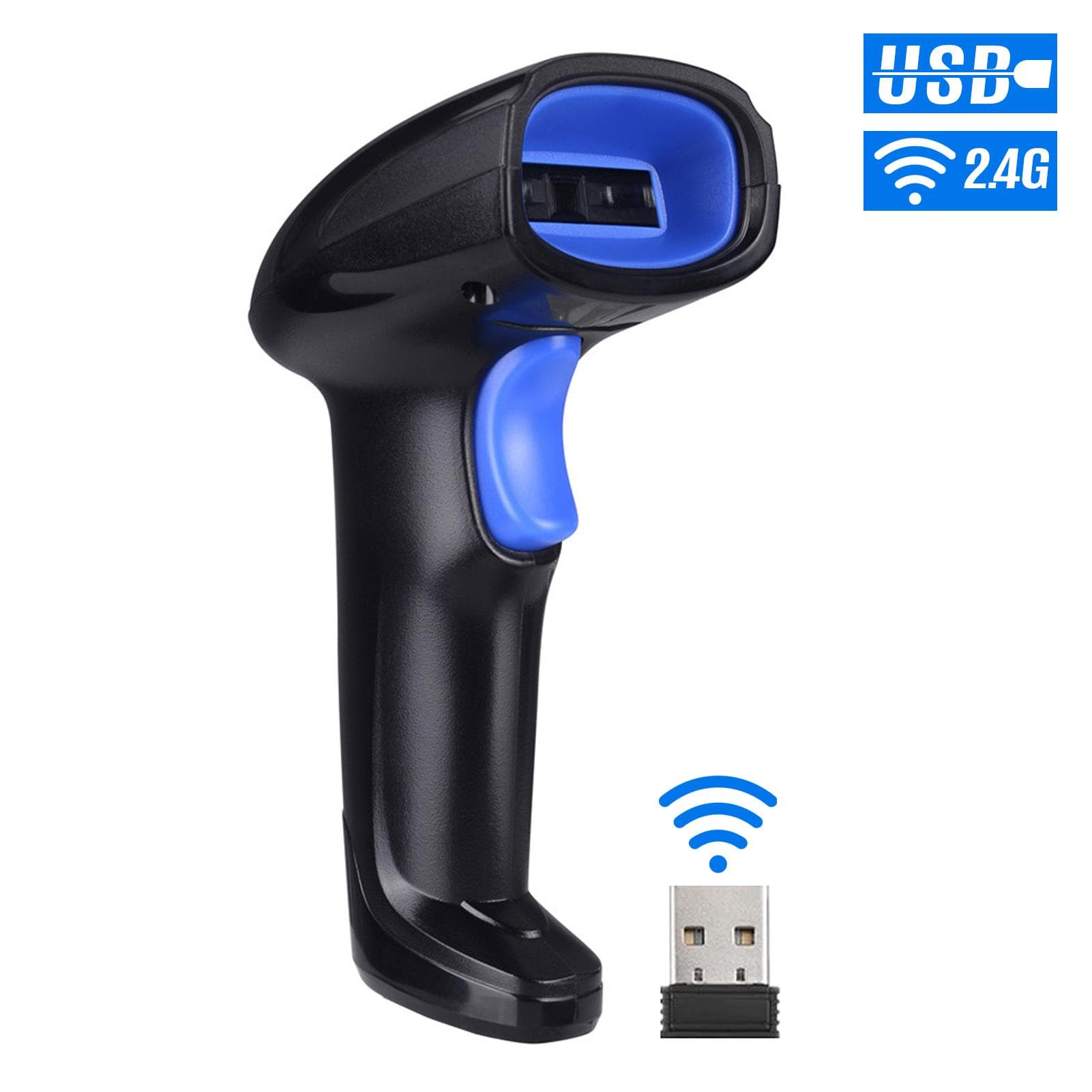 Aibecy 2in1 2.4G Wireless Barcode Scanner & USB Wired Barcode Scanner Automatic Handheld 1D Bar black