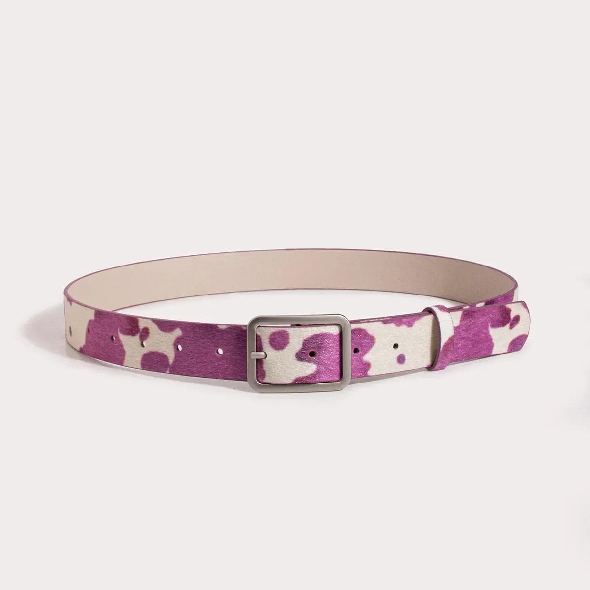 Colorful Cow Print Belts Fashionable Simulated Animal Fur Belts Alloy Buckles Woman Apparel Accessories 101x2.9cm purple