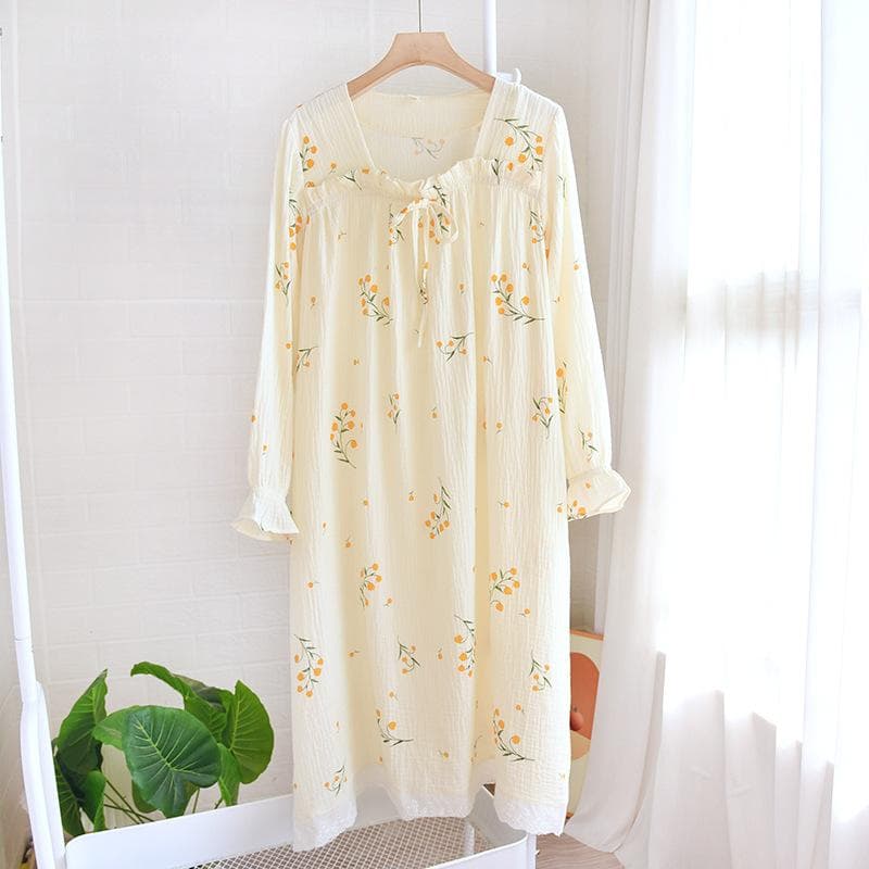 Spring and Summer  New Women's Nightdress 100% Cotton Long-sleeved Skirt Square Neck Lovely Flower Large Household Skirt XL