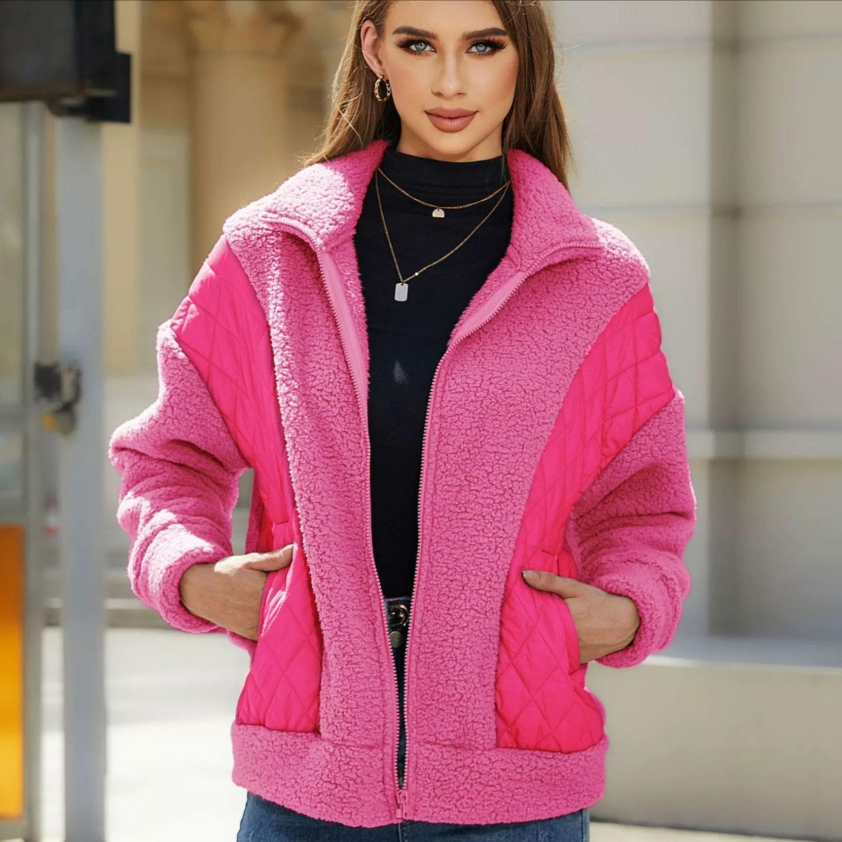 Women's Fall and Winter Long-sleeved Cardigan Zipper Plush Splicing Ladies Short Jacket 2XL rose red