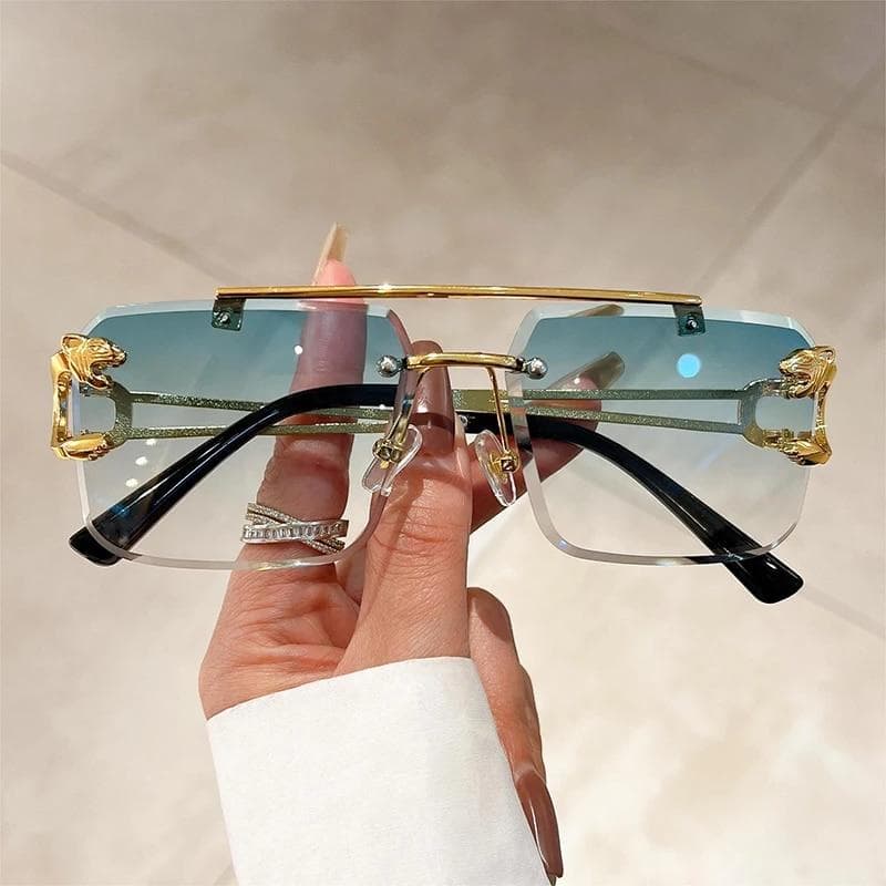 Vintage Rimless Sunglasses Men Women Fashion Oversized Square Shades Eyewear New Double Bridge Gradient UV400 Sun Glasses golden green
