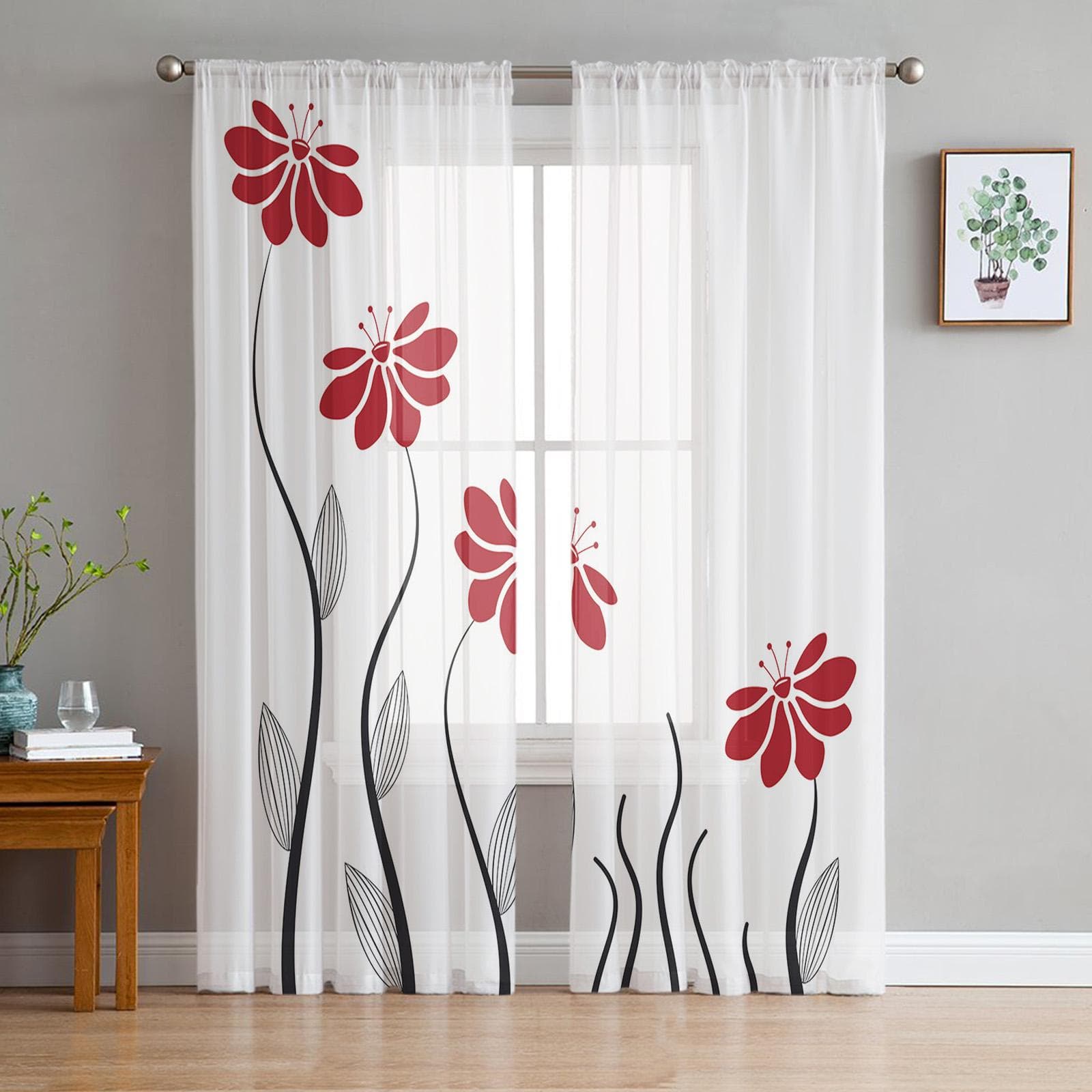 Red Flower Line Decoration Plant Voile Sheer Curtains Living Room Window Chiffon Tulle Curtain Kitchen Bedroom Drapes Home Decor 135W x 114H(cm)