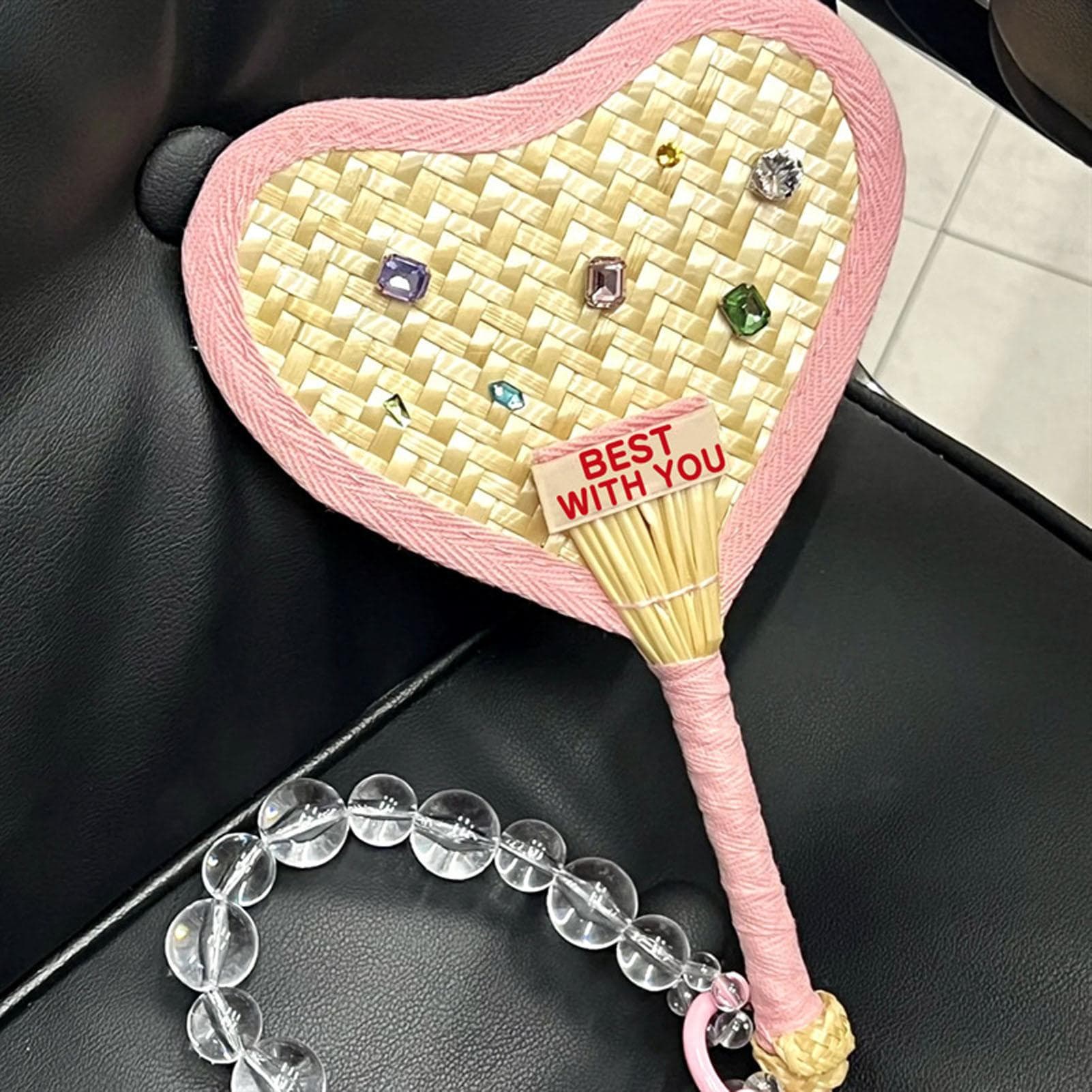 Hand Woven Fan Handcrafted Heart Shape Cute Crystals Durable Portable Handheld Bamboo Fan for Party