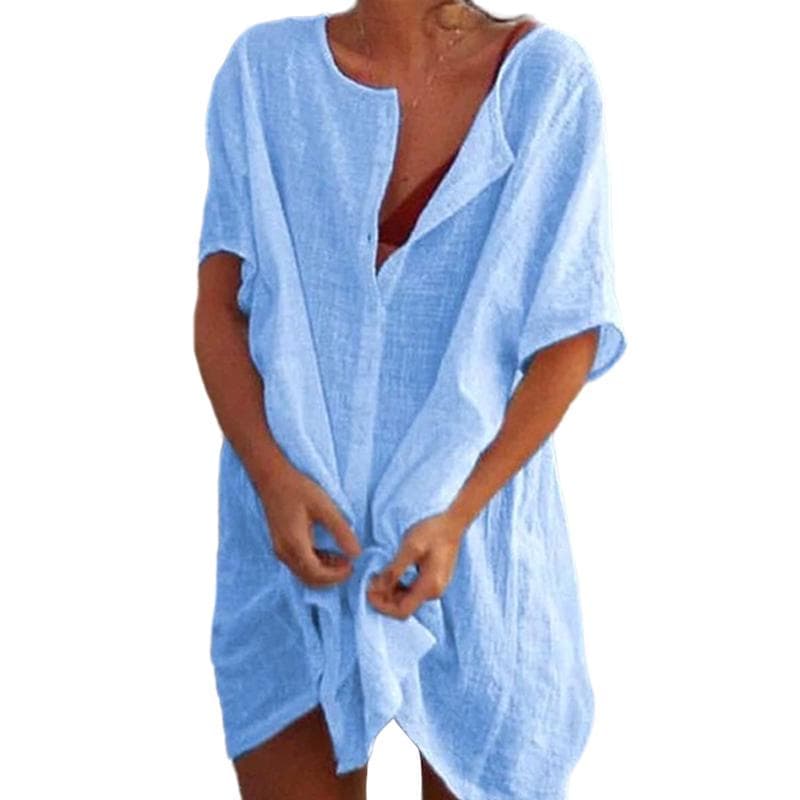 Big Size 8XL Pure Color Shirt Women Deep V Short Sleeve Blouse Summer Leisure Loose T Shirt Dress XXL blue