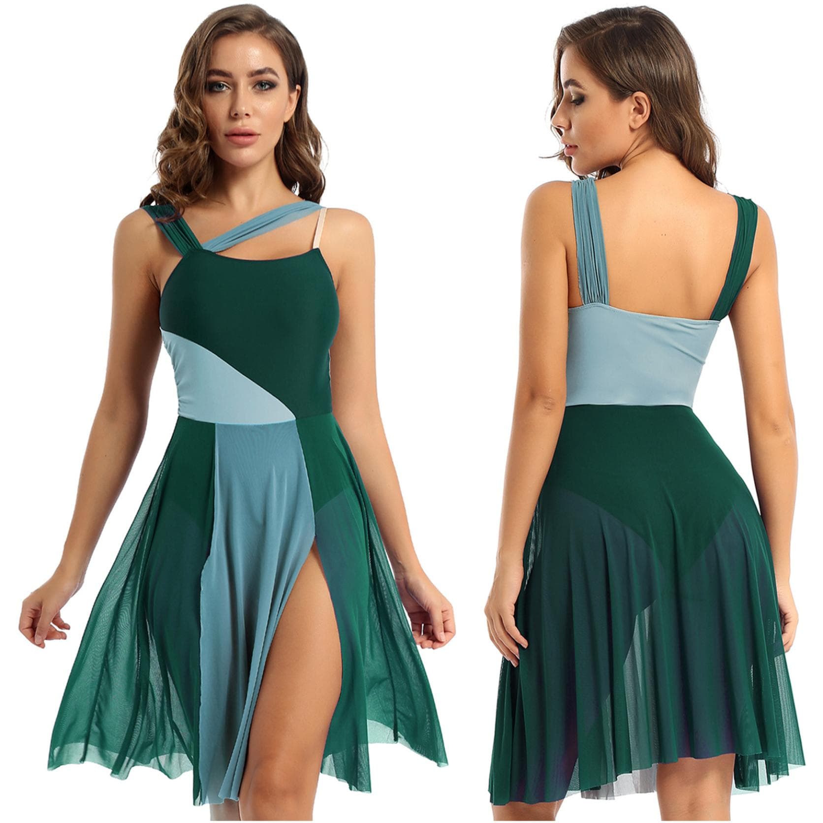 Sleeveless Color Block Ballet Dance Gymnastic Bodysuit Mesh Overlay Ballet Contemporary Dance Dress Lyrical Leotard Performance Costume M green