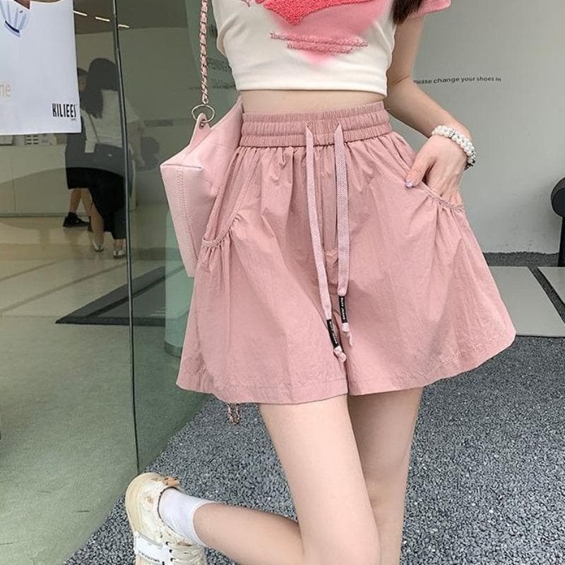 Casual Shorts Women's Summer New Small Drawstring High Waist Loose Quick-drying Wide-leg Pants 2XL pink