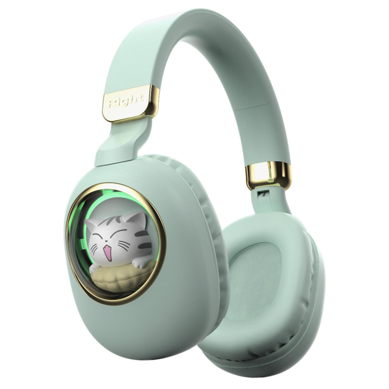 Cute Cartoon Wireless BT5.3 Headphones Over Ear Gaming Headset Cute Animal Design AUX IN Wired light green