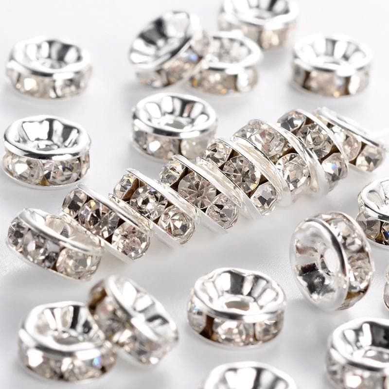 40/80Pcs 6/8mm Rhinestone Crystal Spacer Beads for Jewelry Findings DIY Bracelet Necklace Making 8mm 40Pcs silver
