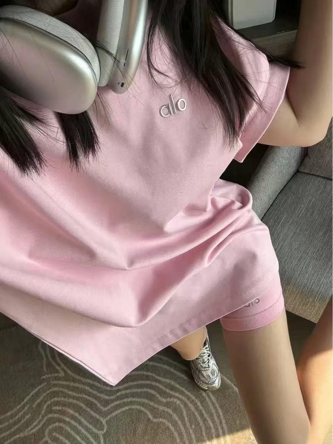 Alo Summer 3D Silver Logo Medium-Length Casual Cotton T-shirt Extra Large pink