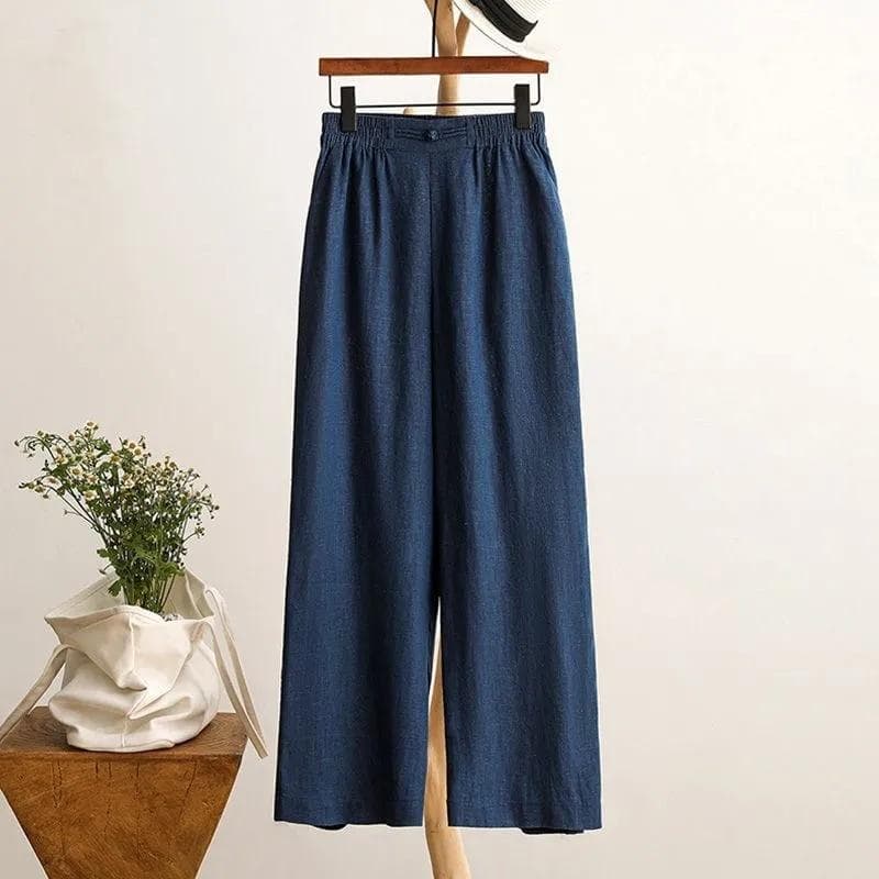 Women Fashion Casual Baggy Long Pants Wide Leg Elastic Waist Cotton Linen Flare Yoga Trousers Plus Size M navy blue