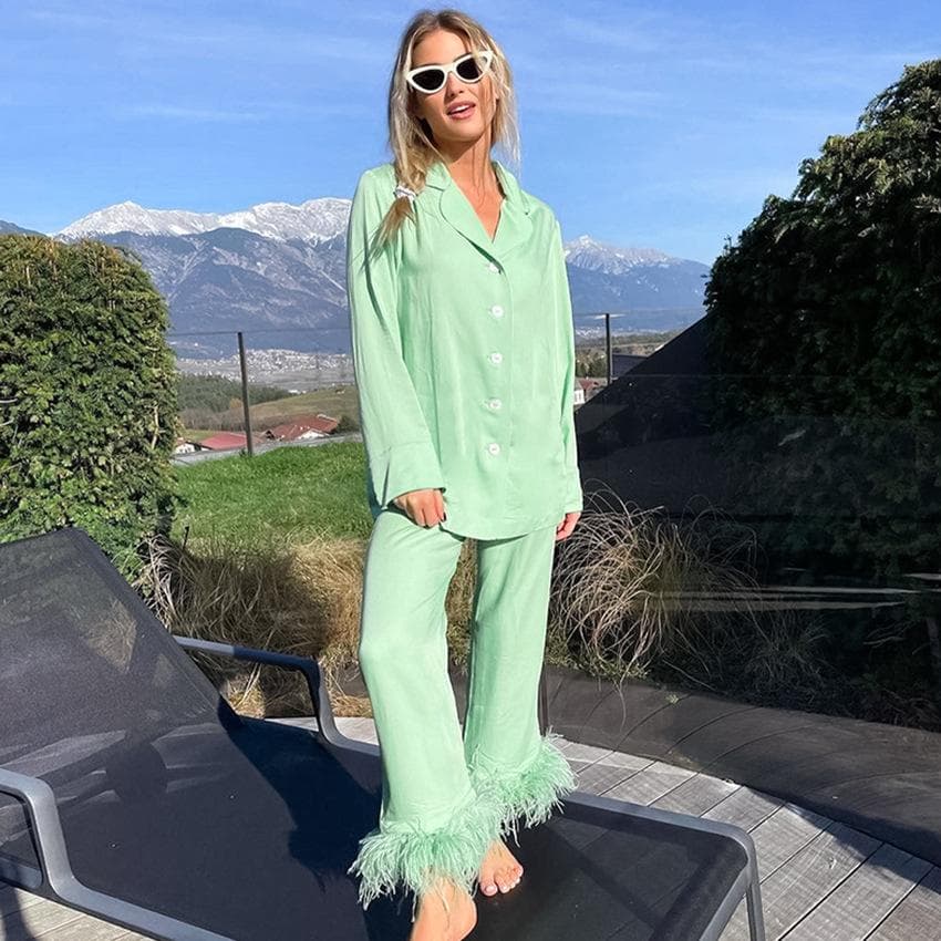 Exquisite Feather Satin 2 Piece Pajama Set Long Sleeve Women's Pajamas Sleep Set Lounge Wear Lounge Wear Pajamas S green