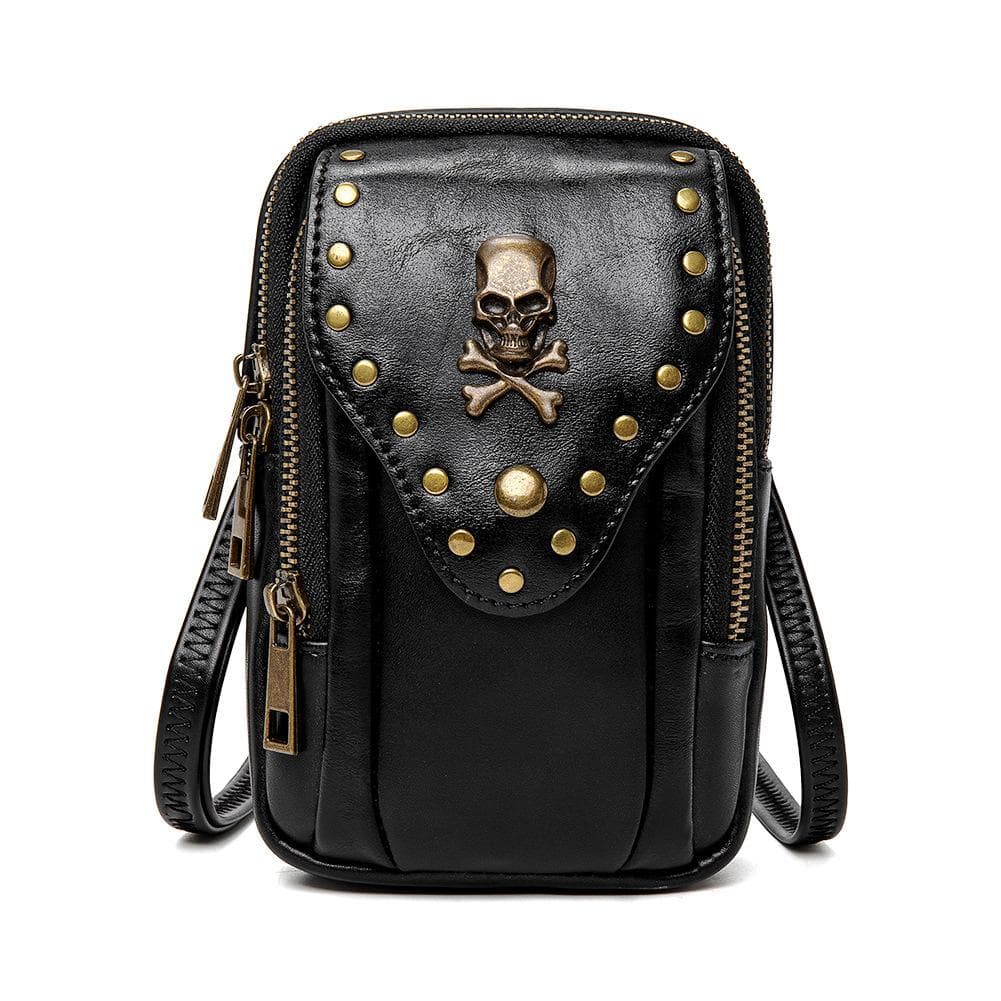 European and American Style Single-shoulder Crossbody Bag, Small Square Bag with Texture, Outdoor Travel Mobile Phone Bag with Rivets black