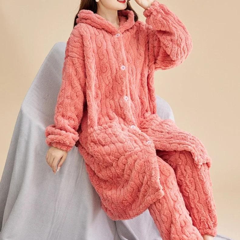 Women's Winter Thicken Pajamas Set Solid Hooded Long Top and Pants Sleepwear 2 Piece Set for Women Home Coral Fleece Pajamas 3XL
