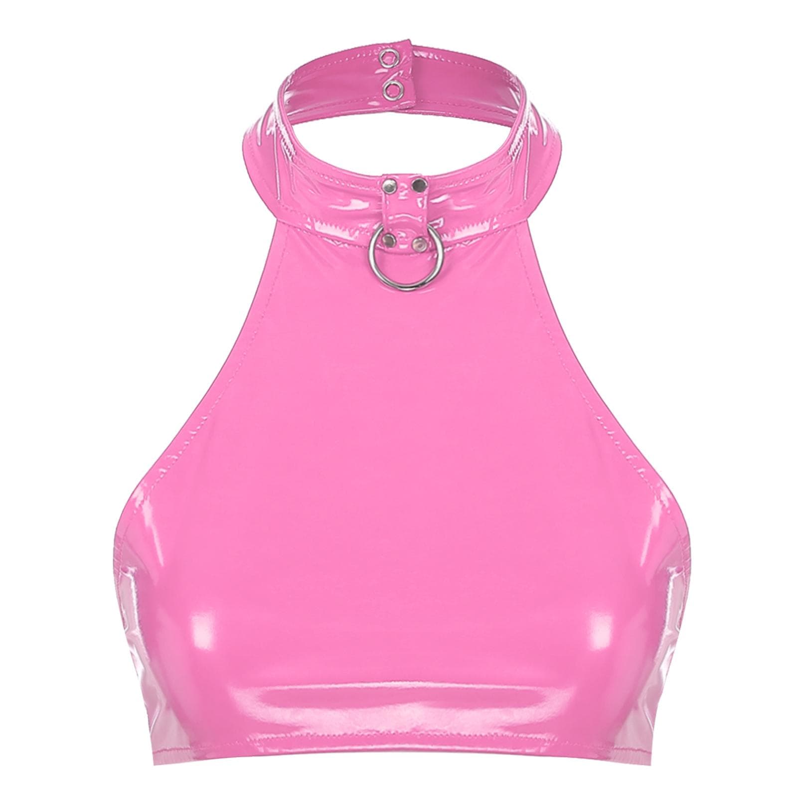 Women Latex Crop Top Halter Neck Sleeveless Lingerie Skinny Unlined Tank Tops Bustier Rave Clubwear M hot pink