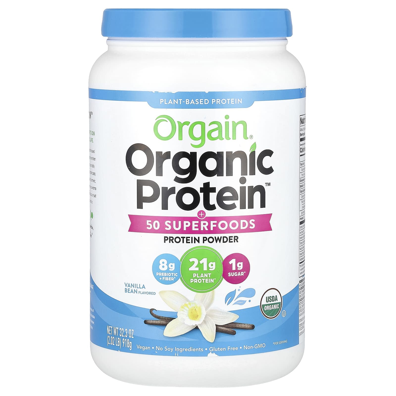 Orgain, Organic Protein & Superfood Powder, Vegetable, Vanilla Bean, 918g (2.02lbs)