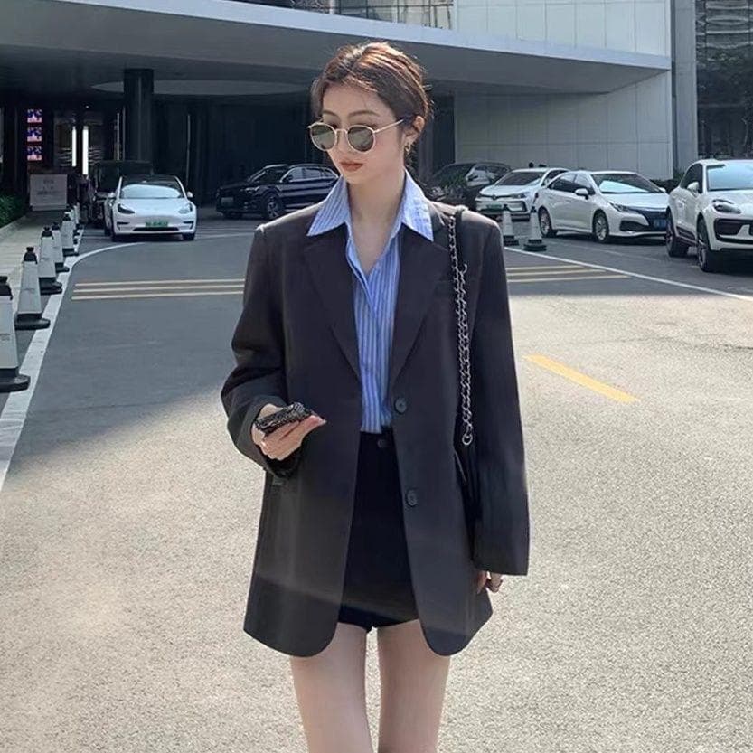 Gray Blazer for Women Spring and Autumn New Style Loose Casual Suit with Slits XL grey