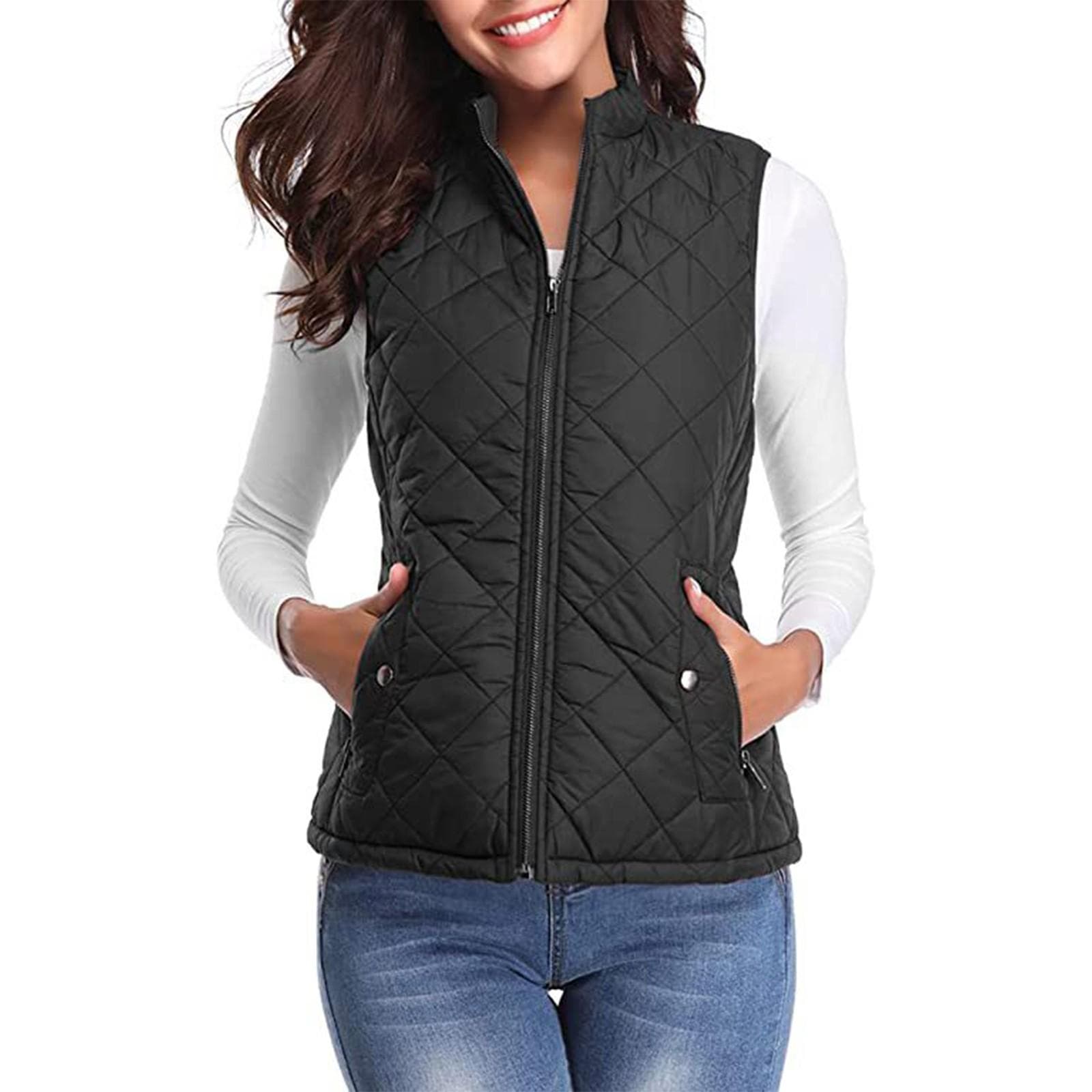 Women's Fashion Casual Solid Color Stand Collar Zipper Pocket Warm Cotton Vest Coat L black