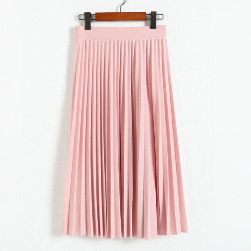 Spring Autumn Fashion Women's High Waist Pleated Solid Color Half Length Elastic Skirt One Size pink