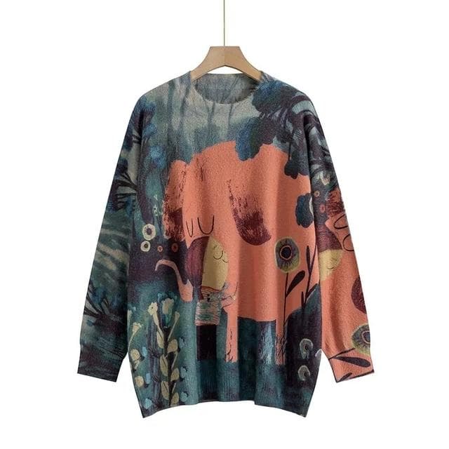 Harajuku Retro Women Fall Winter Fashion Clothes Vintage Floral Print Round Neck Long-sleeve Knit Sweaters Lady Loose Pullovers L