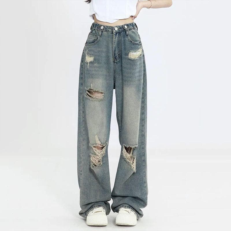 Retro Ripped Jeans Women's High Waist Straight Loose and Skinny Wide Leg Floor Pants 5XL blue