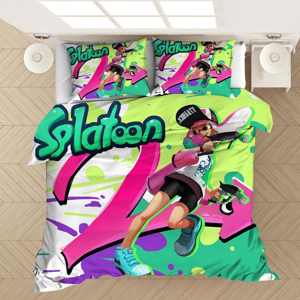 3D Printed Cartoon Game Bedding Set Kids Popular Splatoon Duvet Covers Pillowcases Comforter Bedding Set Bedclothes Bed Linen EU single(135x200cm)