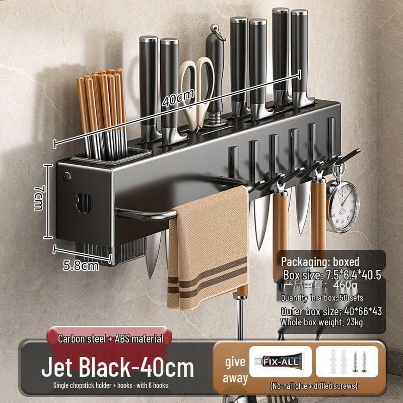 Punch-Free Wall-Mounted Knife and Utensil Rack with Chopstick Holder