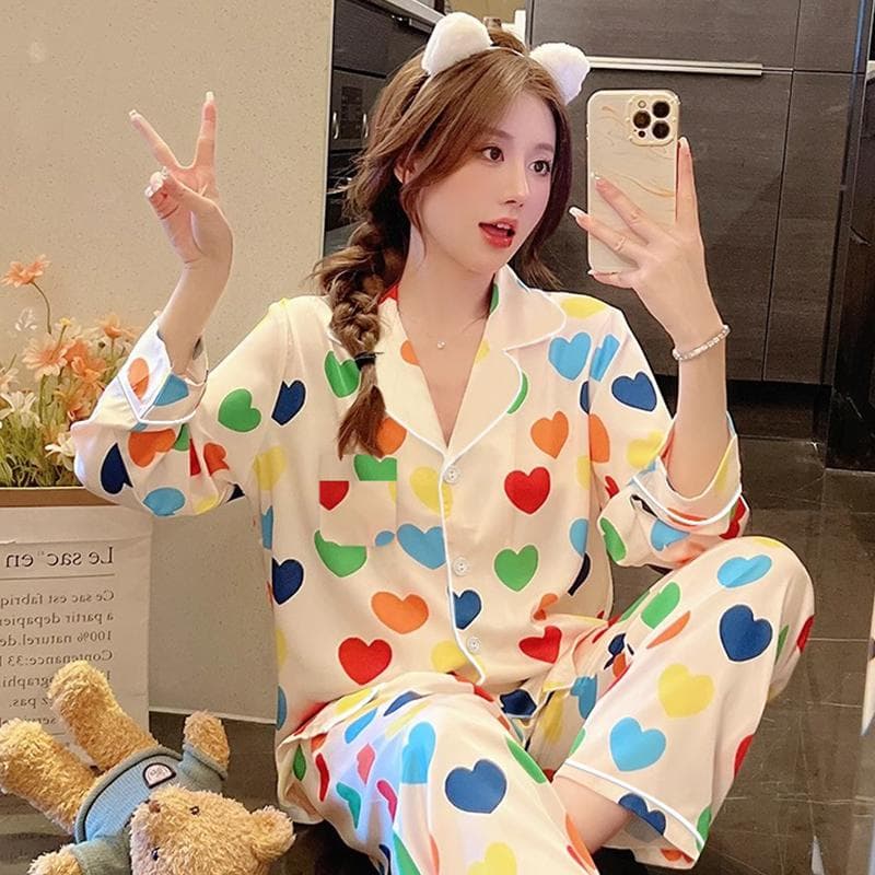 Romantic Colorful Heart Print Women's Pajamas Autumn and Winter New Home Clothes Long Sleeves + Pants Home Set L