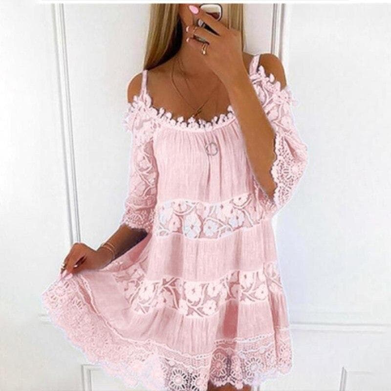 Sexy Off Shoulder Lace Dress Casual Loose Sweet Dress Summer Short Sleeve Camisole Solid Color O-neck Short Mini Dresses 26249 S pink