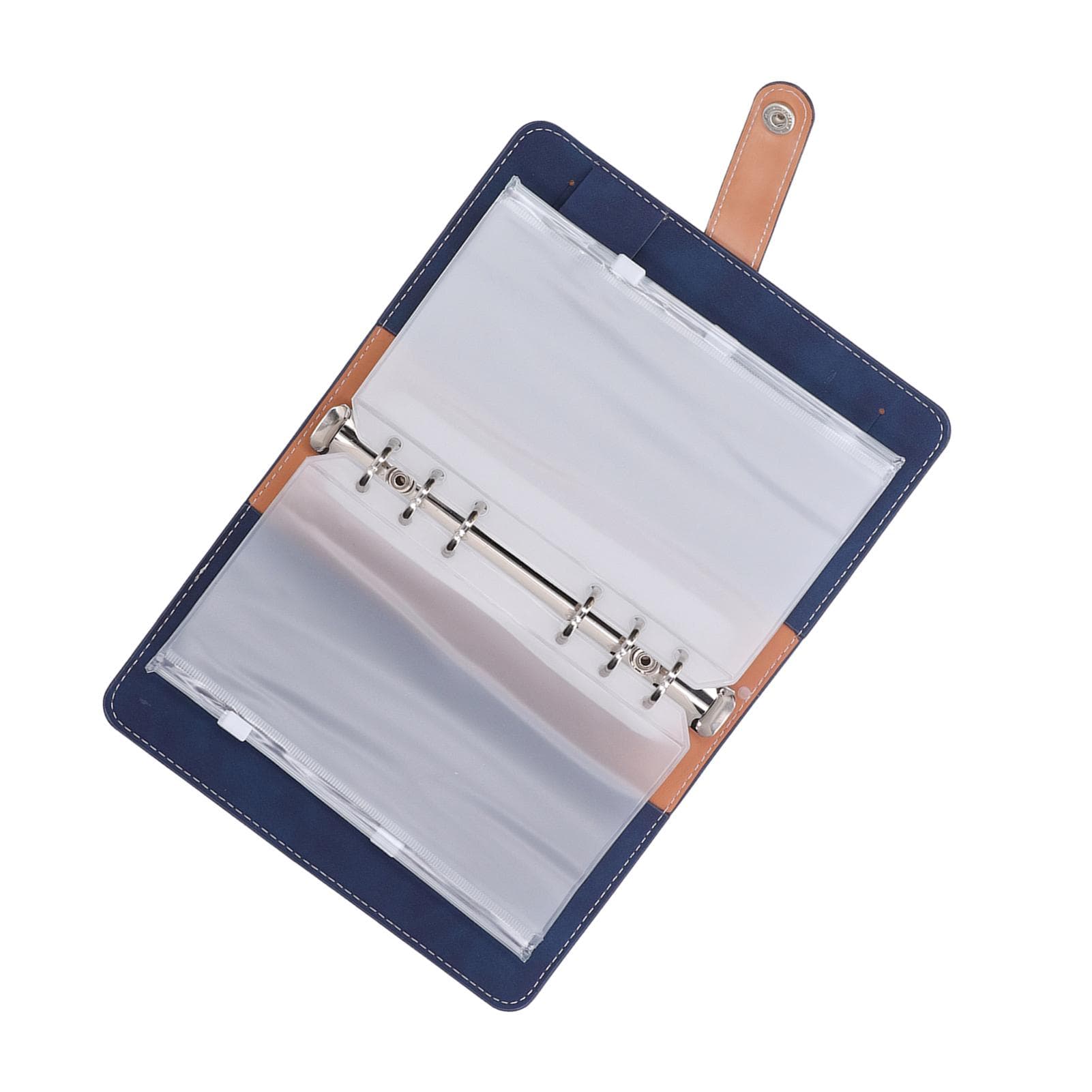 Cash Binder A6 Portable Size PU Leather 6 Pre Punched Holes Budget Binder with 12 Clear Zip Pockets blue