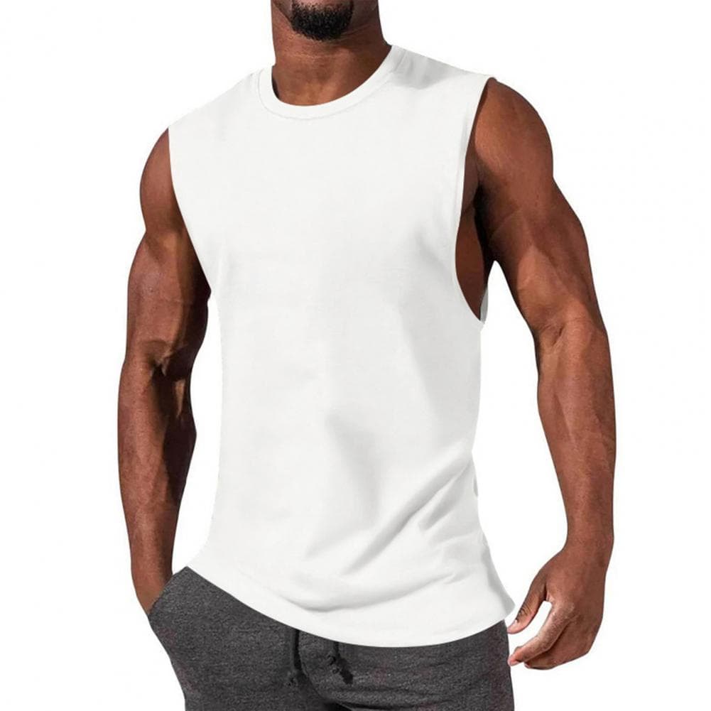Men Solid Color Sport Vest O-Neck Sleeveless Bodybuilding Fitness Vest Loose Fit Stretchy Tops Streetwear M white