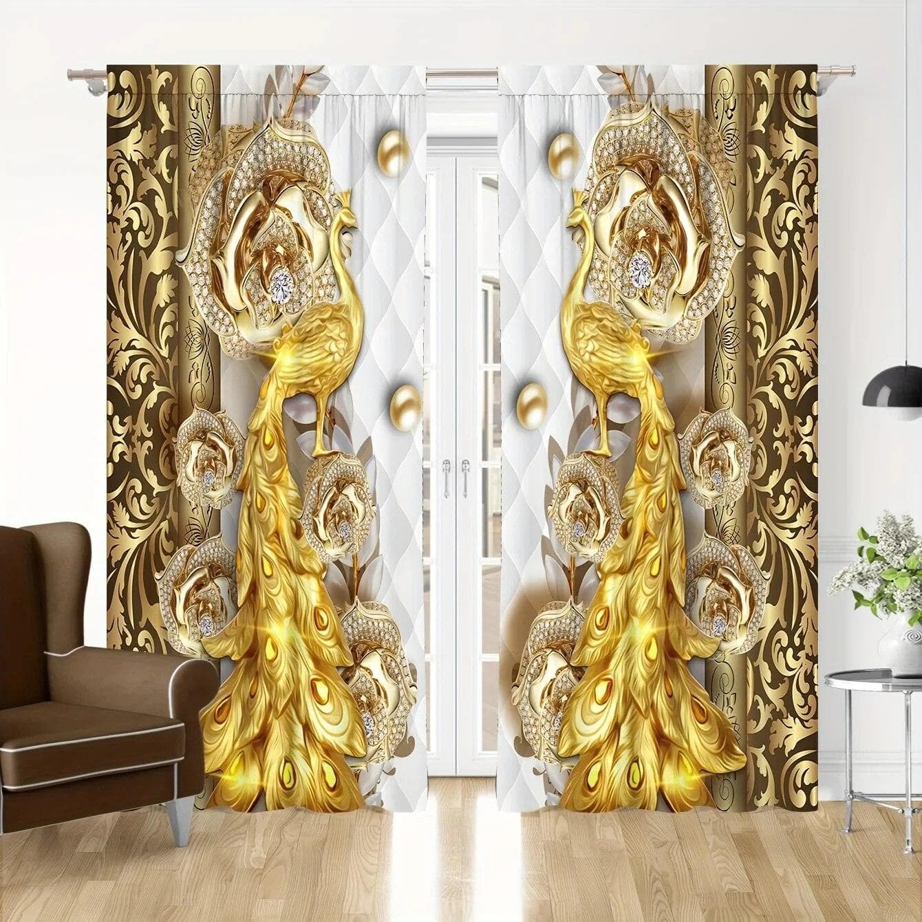 2pcs Golden Peacock Curtain Study Room Kitchen Living Room Dorm Rod Pocket Top Window Drapes Bedroom Accessories Home Decor W100xH240(CM)x2PCS-Grommet Top