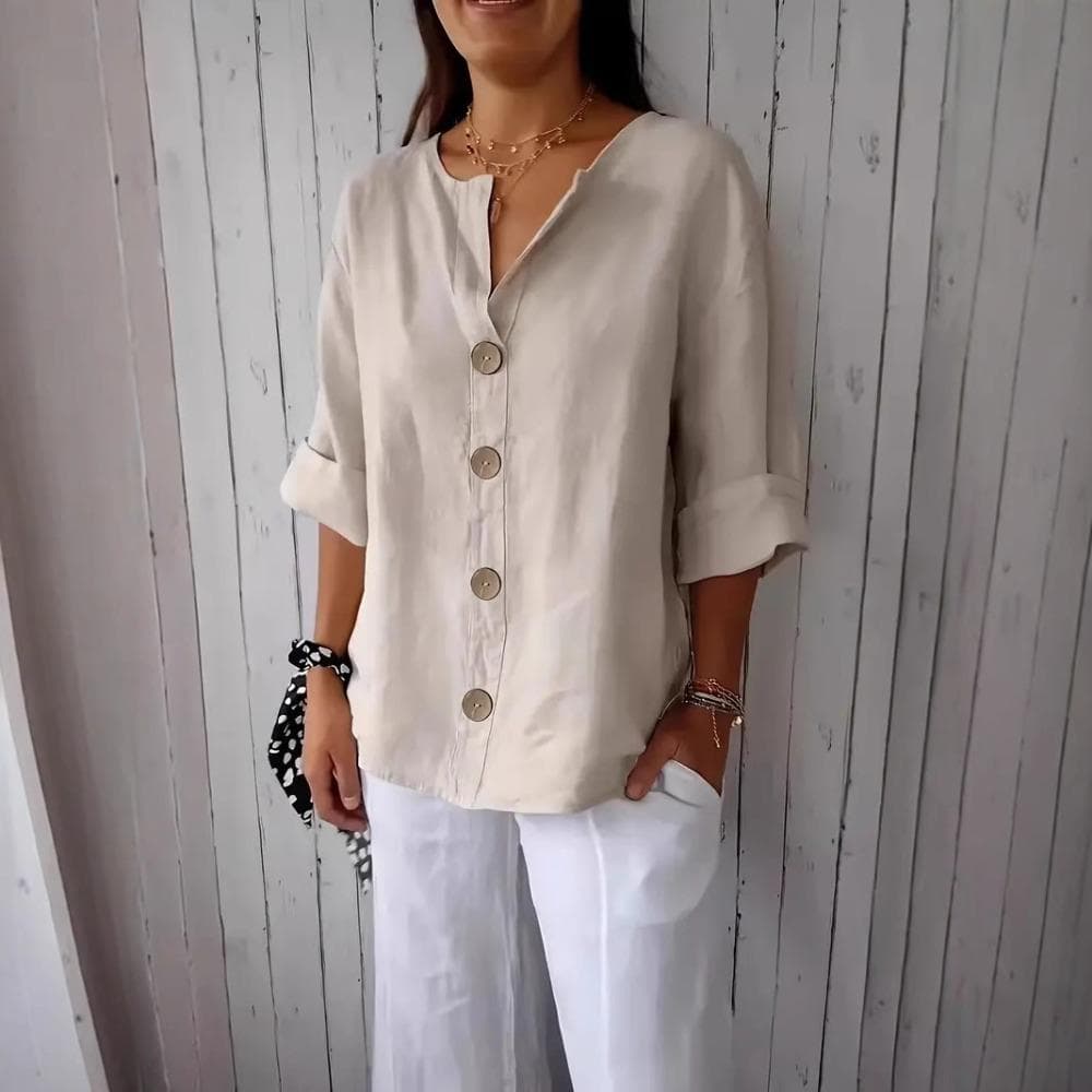 Plain Shirt for Women Women's Loose V Neck Three Quarter Sleeve T Shirt With Buttoned Classic Solid Color Commuting Tops S khaki